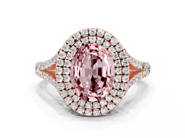 Rose gold Oval Cut Morganite Double Halo Ring with Split Shank and Prong Setting