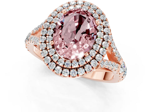 Rose gold Oval Cut Morganite Double Halo Ring with Split Shank and Prong Setting_13