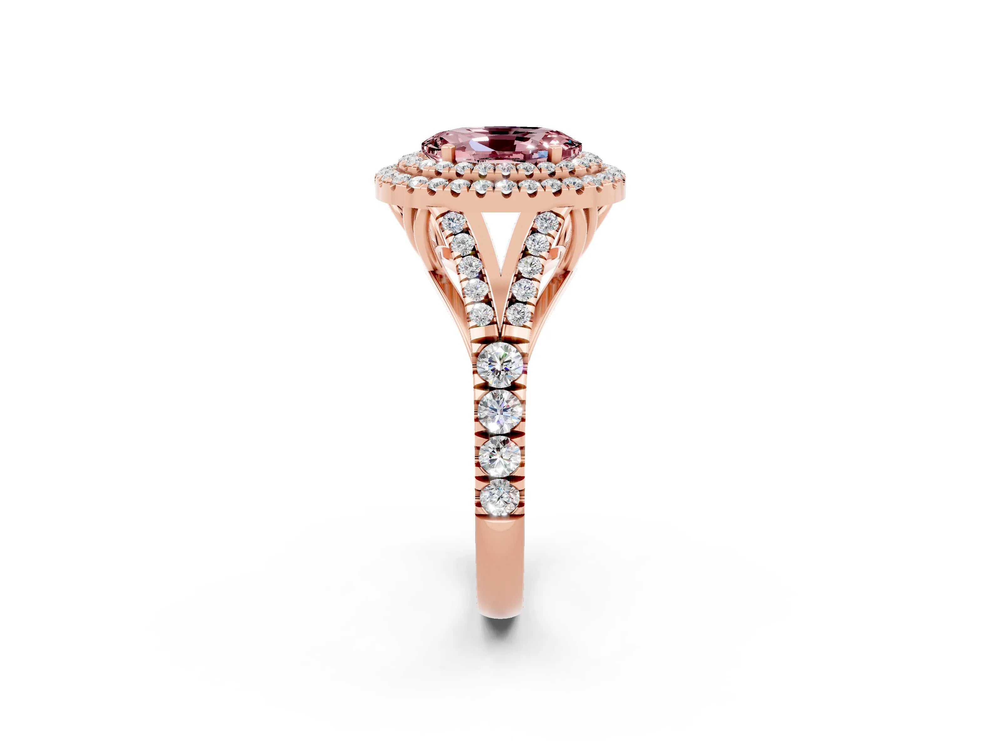 Rose gold Oval Cut Morganite Double Halo Ring with Split Shank and Prong Setting_14