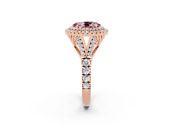 Rose gold Oval Cut Morganite Double Halo Ring with Split Shank and Prong Setting