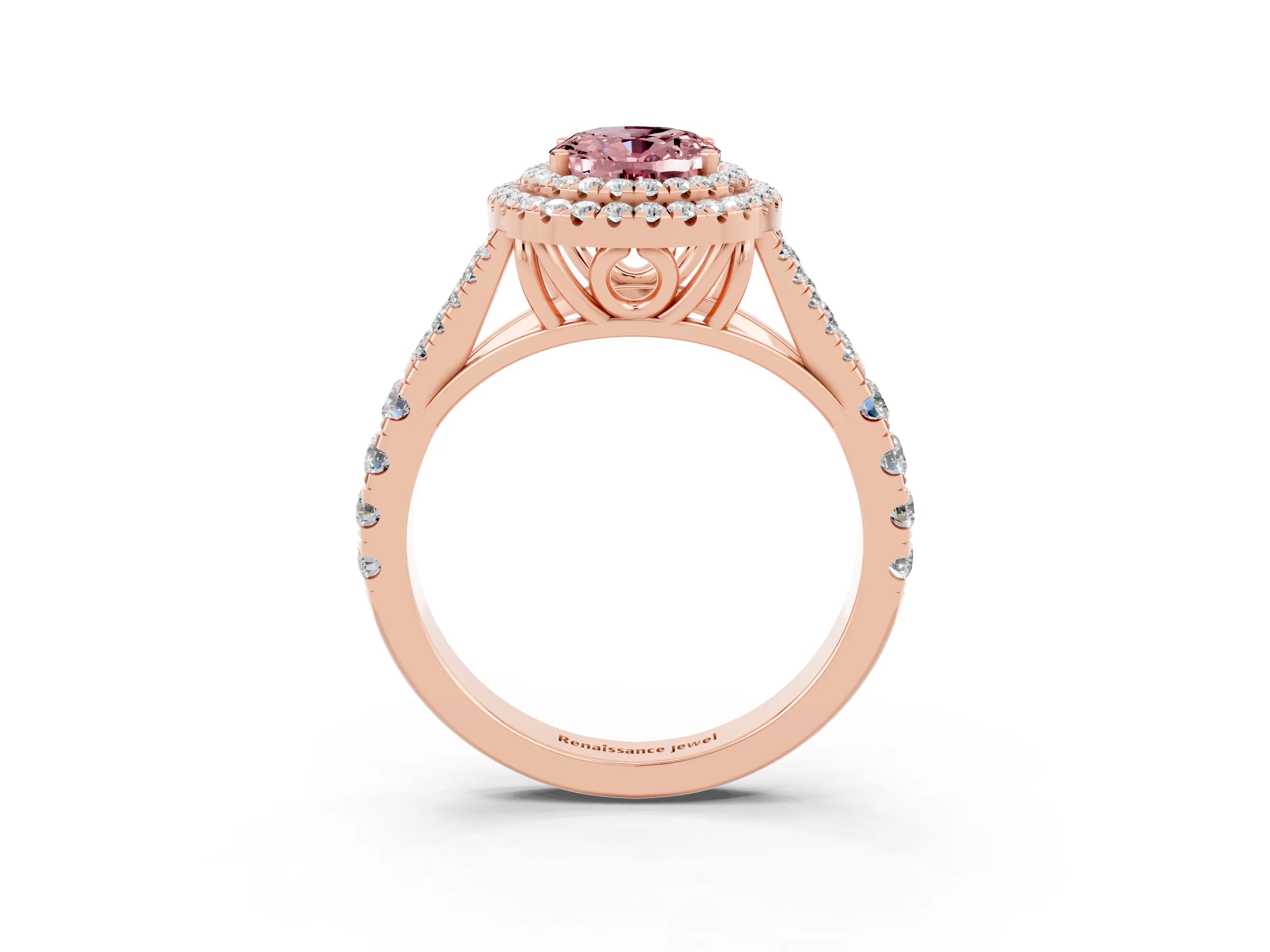 Rose gold Oval Cut Morganite Double Halo Ring with Split Shank and Prong Setting_15