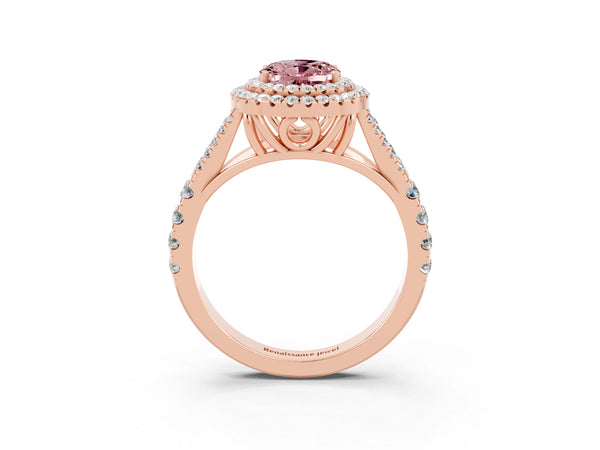 Rose gold Oval Cut Morganite Double Halo Ring with Split Shank and Prong Setting