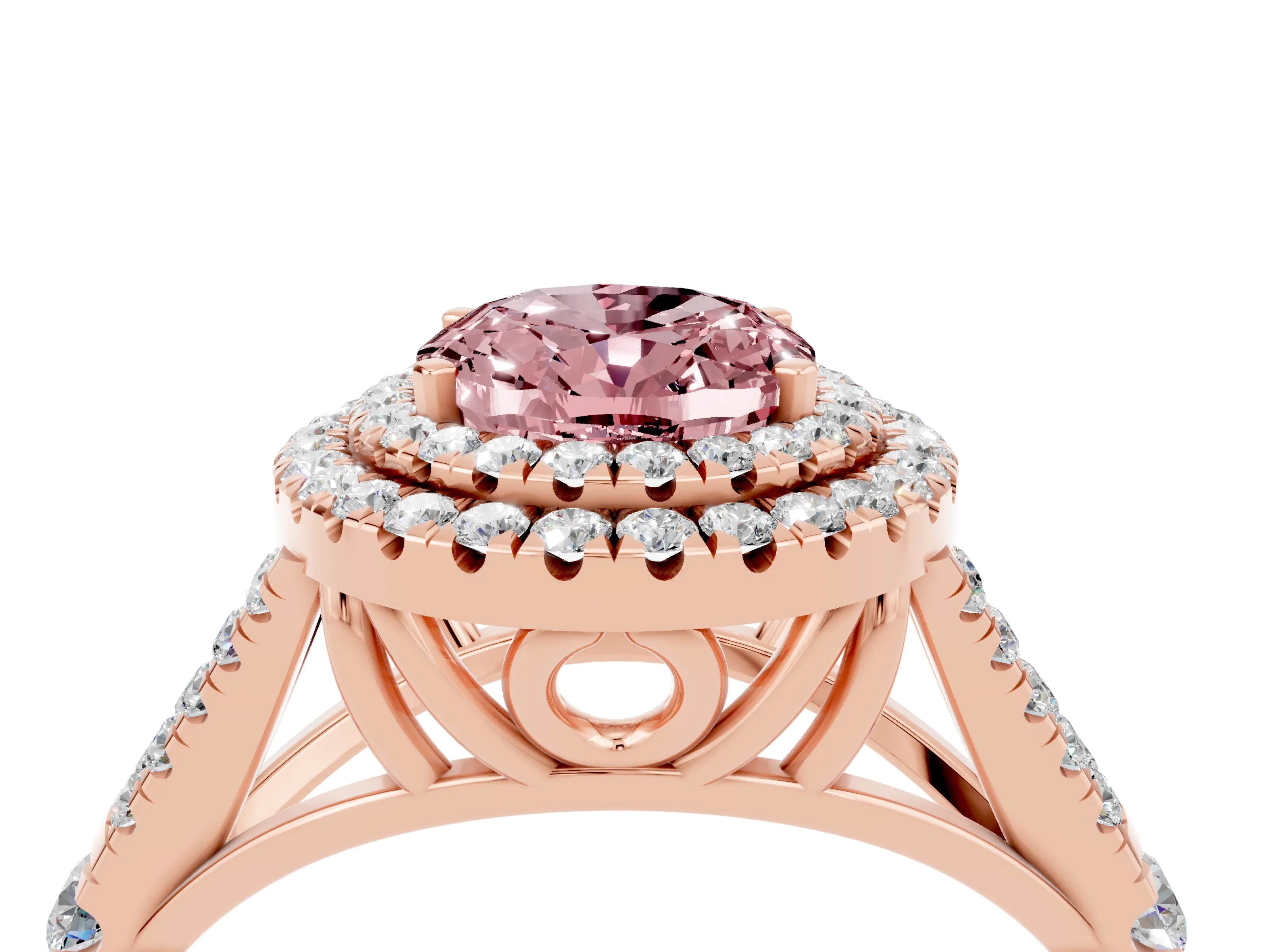 Rose gold Oval Cut Morganite Double Halo Ring with Split Shank and Prong Setting_16