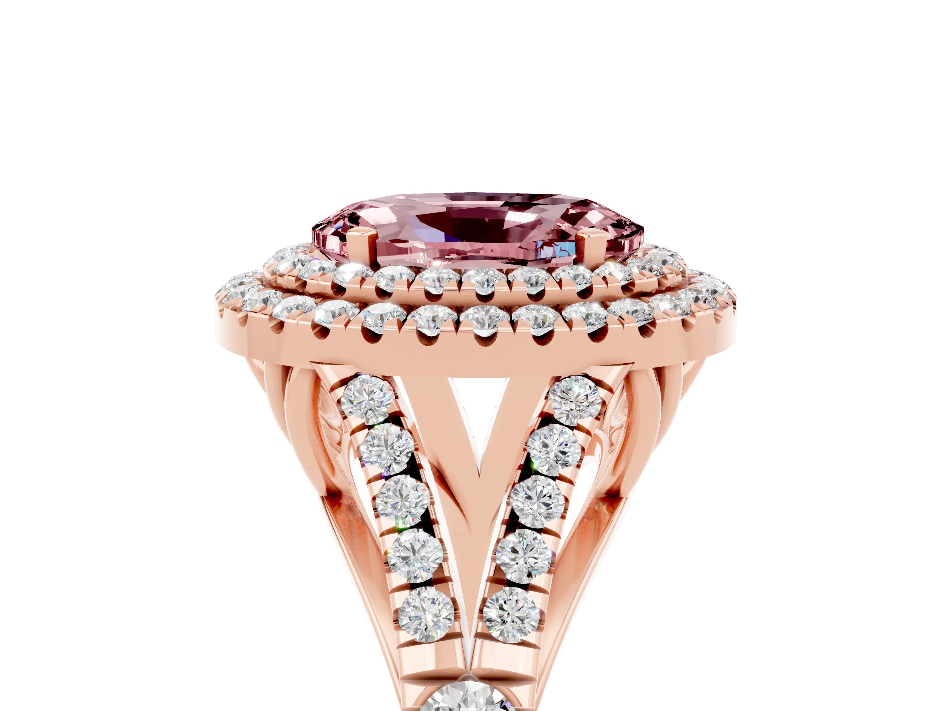 Rose gold Oval Cut Morganite Double Halo Ring with Split Shank and Prong Setting_17