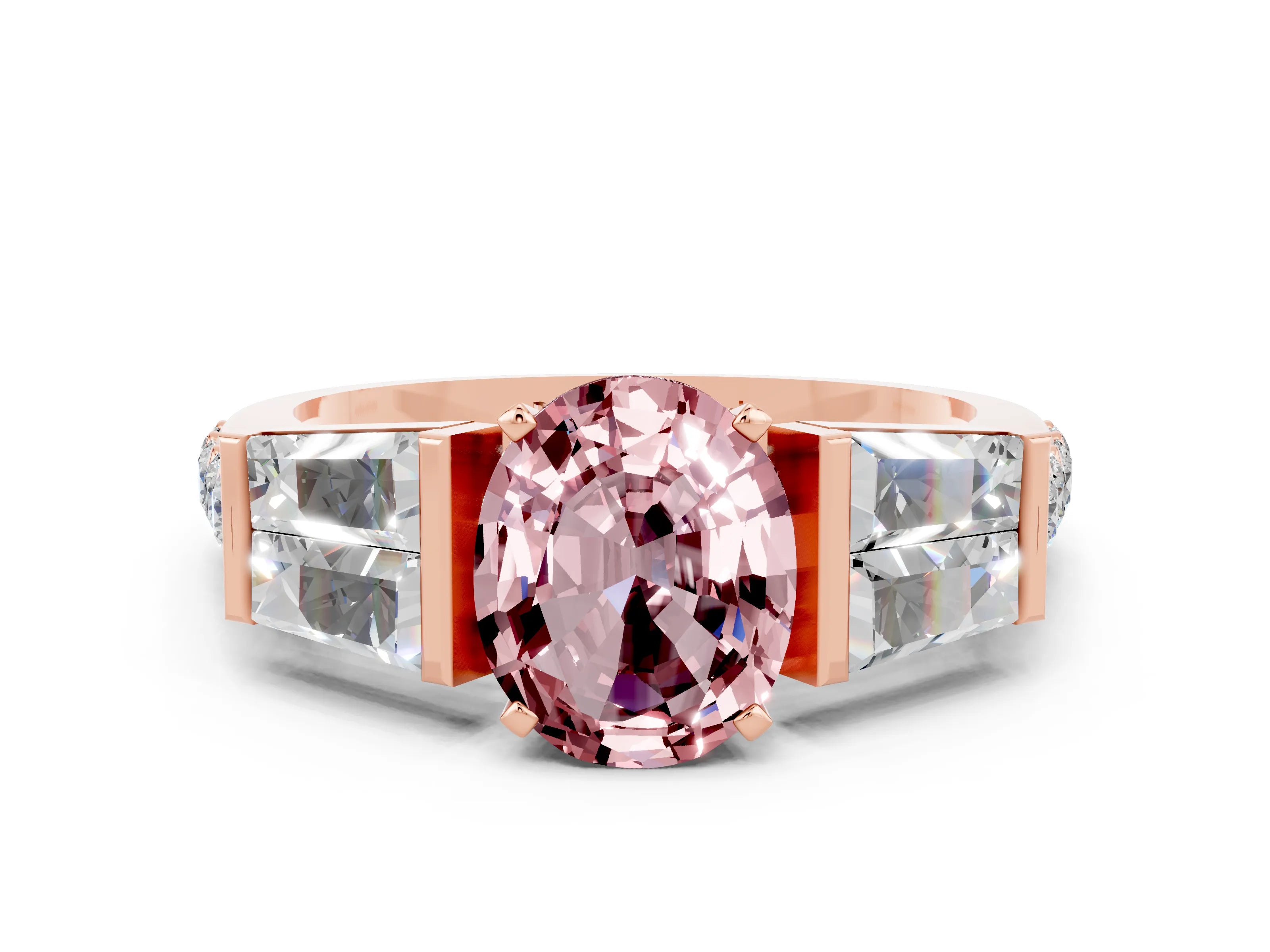 Rose gold Oval Cut Morganite Engagement Ring with Baguette Side Stones and Channel Set Band