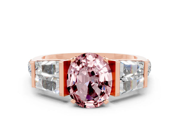 Rose gold Oval Cut Morganite Engagement Ring with Baguette Side Stones and Channel Set Band