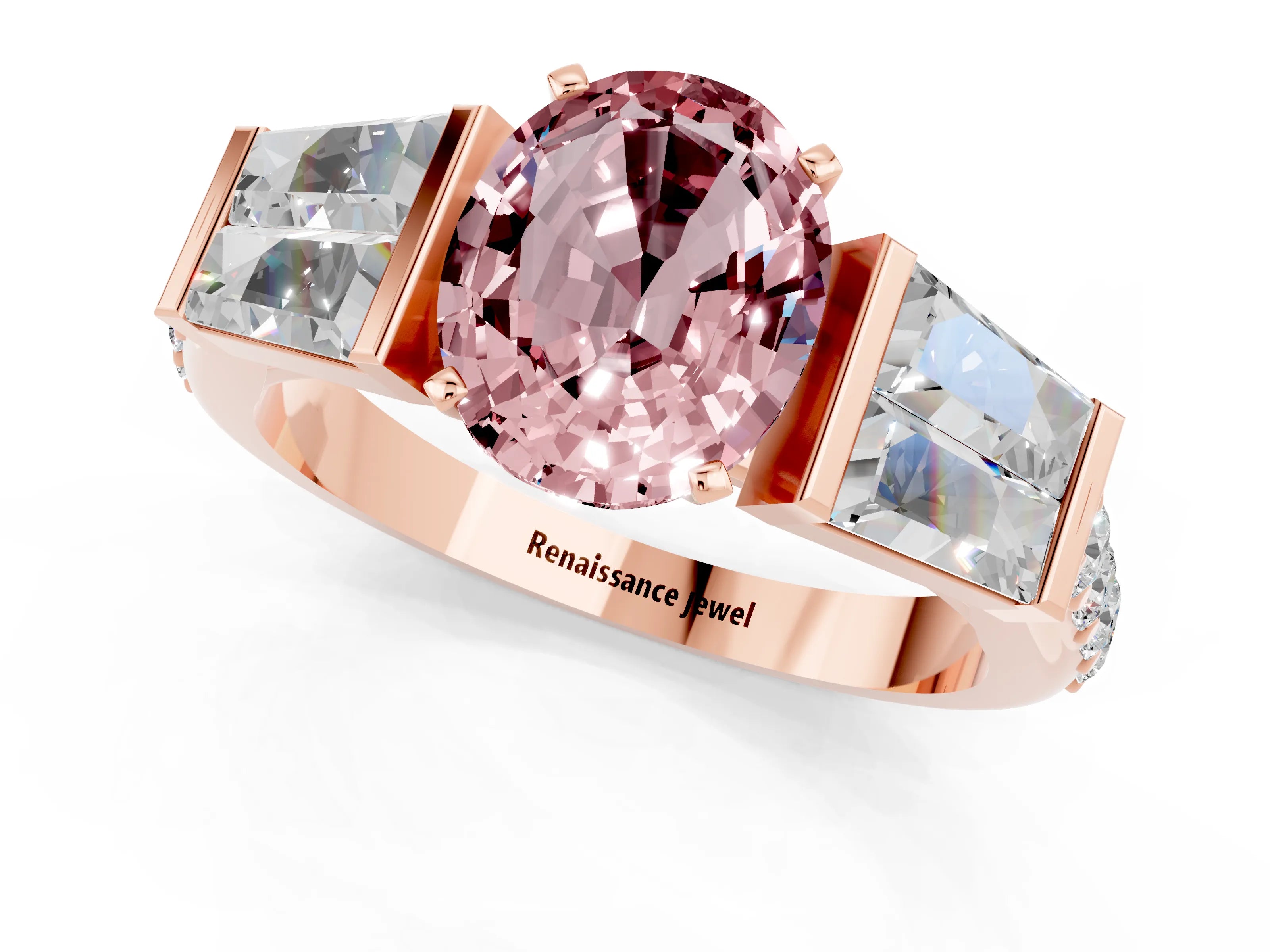 Rose gold Oval Cut Morganite Engagement Ring with Baguette Side Stones and Channel Set Band_1