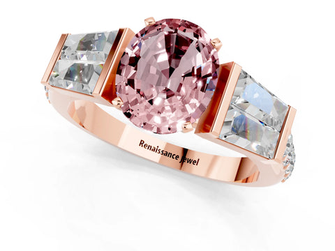 Rose gold Oval Cut Morganite Engagement Ring with Baguette Side Stones and Channel Set Band_1