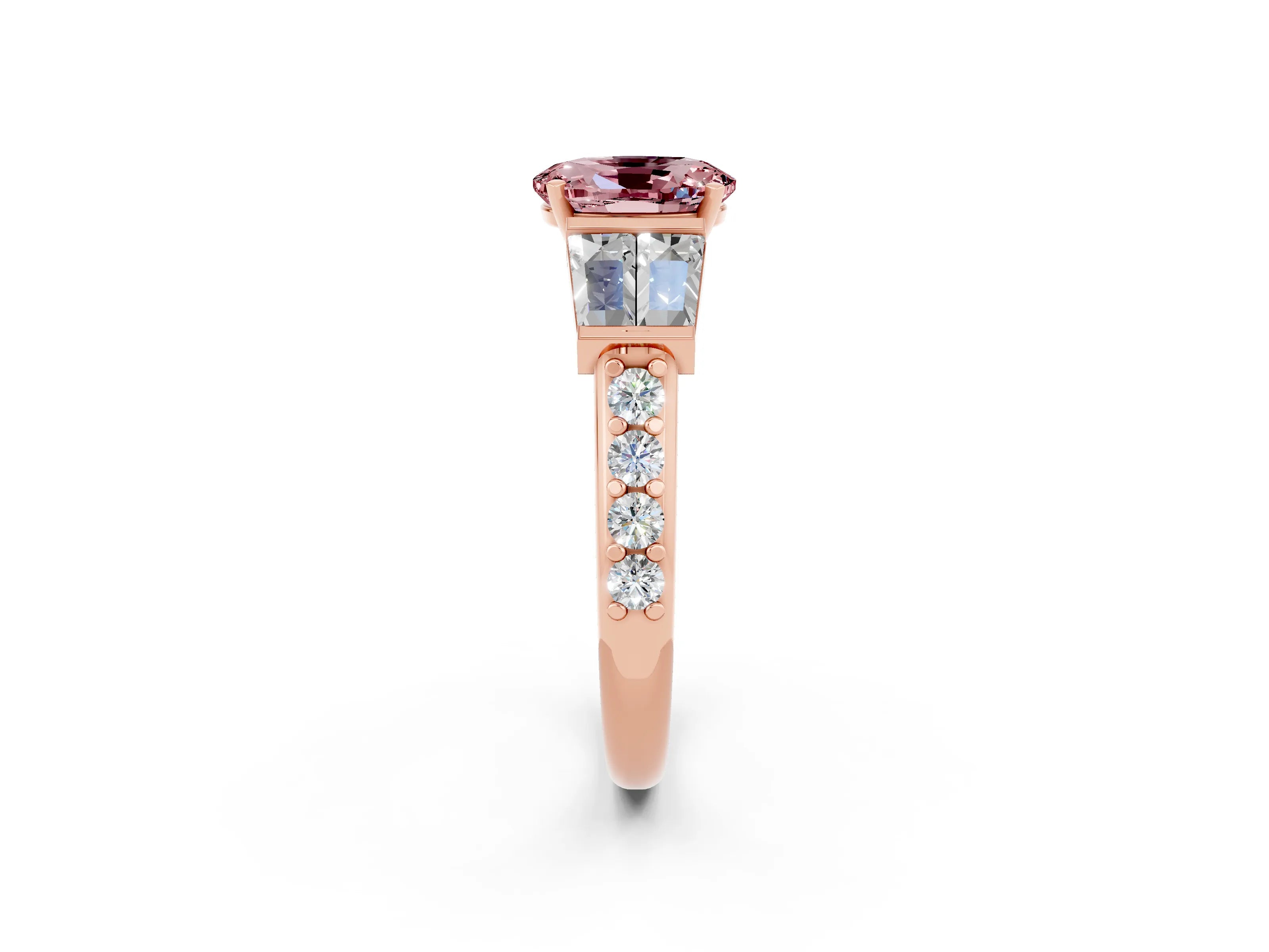 Rose gold Oval Cut Morganite Engagement Ring with Baguette Side Stones and Channel Set Band_2
