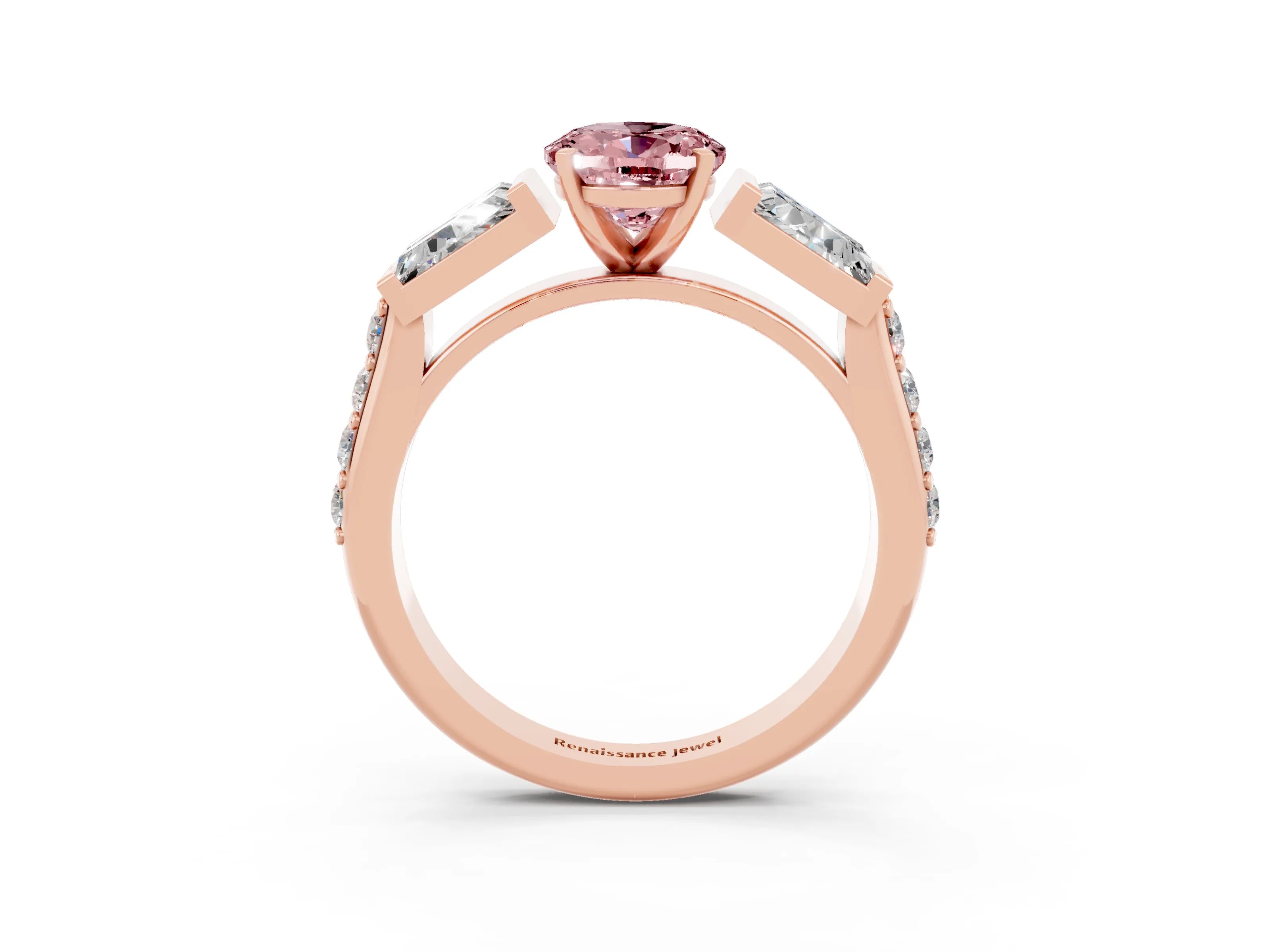 Rose gold Oval Cut Morganite Engagement Ring with Baguette Side Stones and Channel Set Band_3
