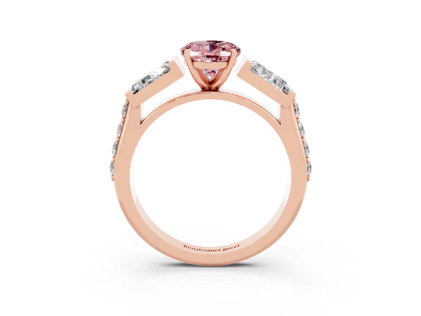 Rose gold Oval Cut Morganite Engagement Ring with Baguette Side Stones and Channel Set Band