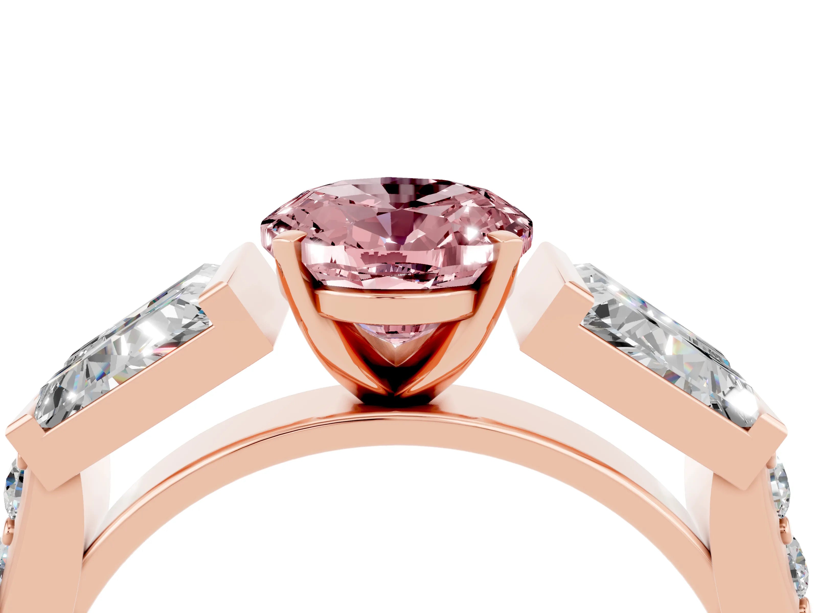 Rose gold Oval Cut Morganite Engagement Ring with Baguette Side Stones and Channel Set Band_4