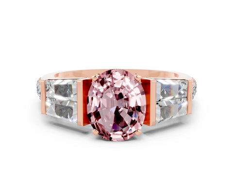 Rose gold Oval Cut Morganite Engagement Ring with Baguette Side Stones and Channel Set Band