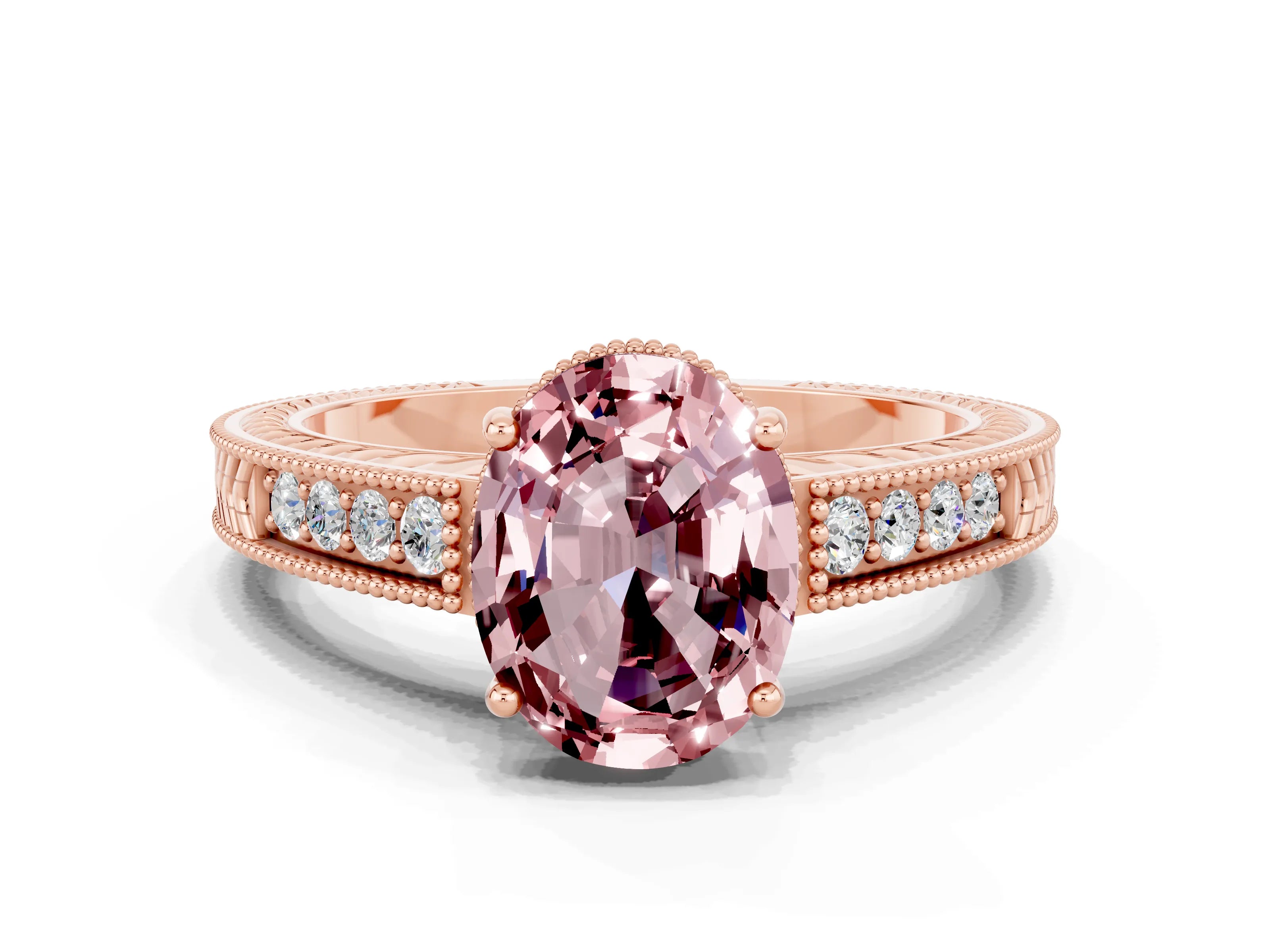 Rose gold Oval Cut Morganite Engagement Ring with Milgrain Channel Set Band and Prong Setting