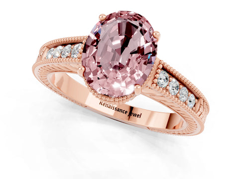 Rose gold Oval Cut Morganite Engagement Ring with Milgrain Channel Set Band and Prong Setting_1