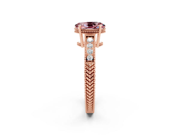 Rose gold Oval Cut Morganite Engagement Ring with Milgrain Channel Set Band and Prong Setting
