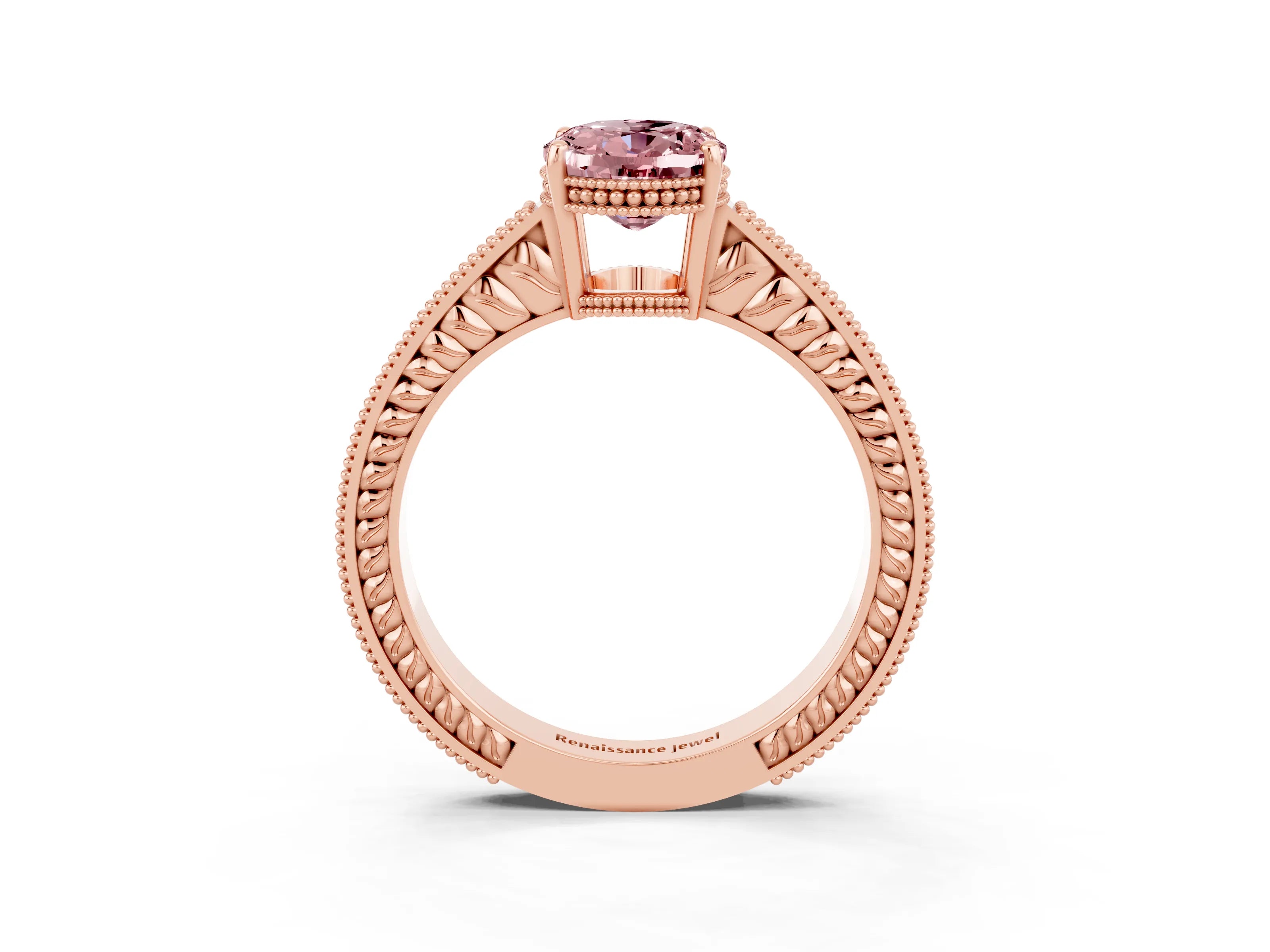 Rose gold Oval Cut Morganite Engagement Ring with Milgrain Channel Set Band and Prong Setting_3