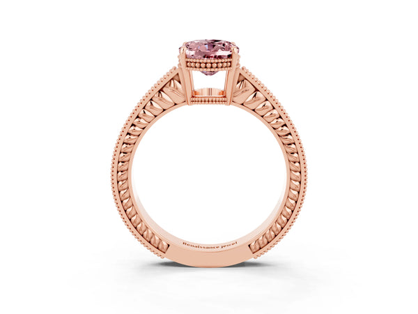 Rose gold Oval Cut Morganite Engagement Ring with Milgrain Channel Set Band and Prong Setting