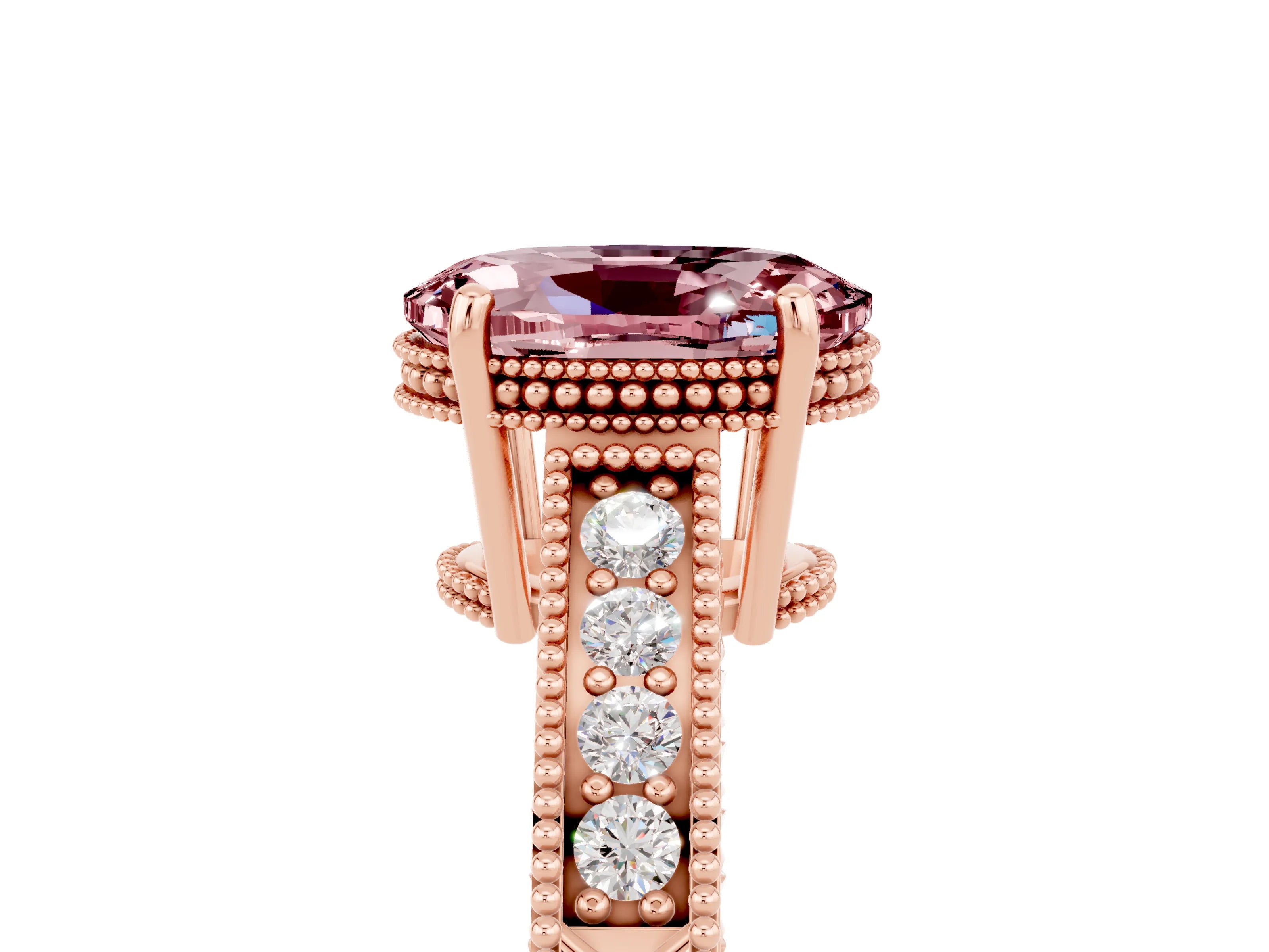 Rose gold Oval Cut Morganite Engagement Ring with Milgrain Channel Set Band and Prong Setting_5