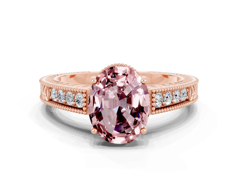 Rose gold Oval Cut Morganite Engagement Ring with Milgrain Channel Set Band and Prong Setting