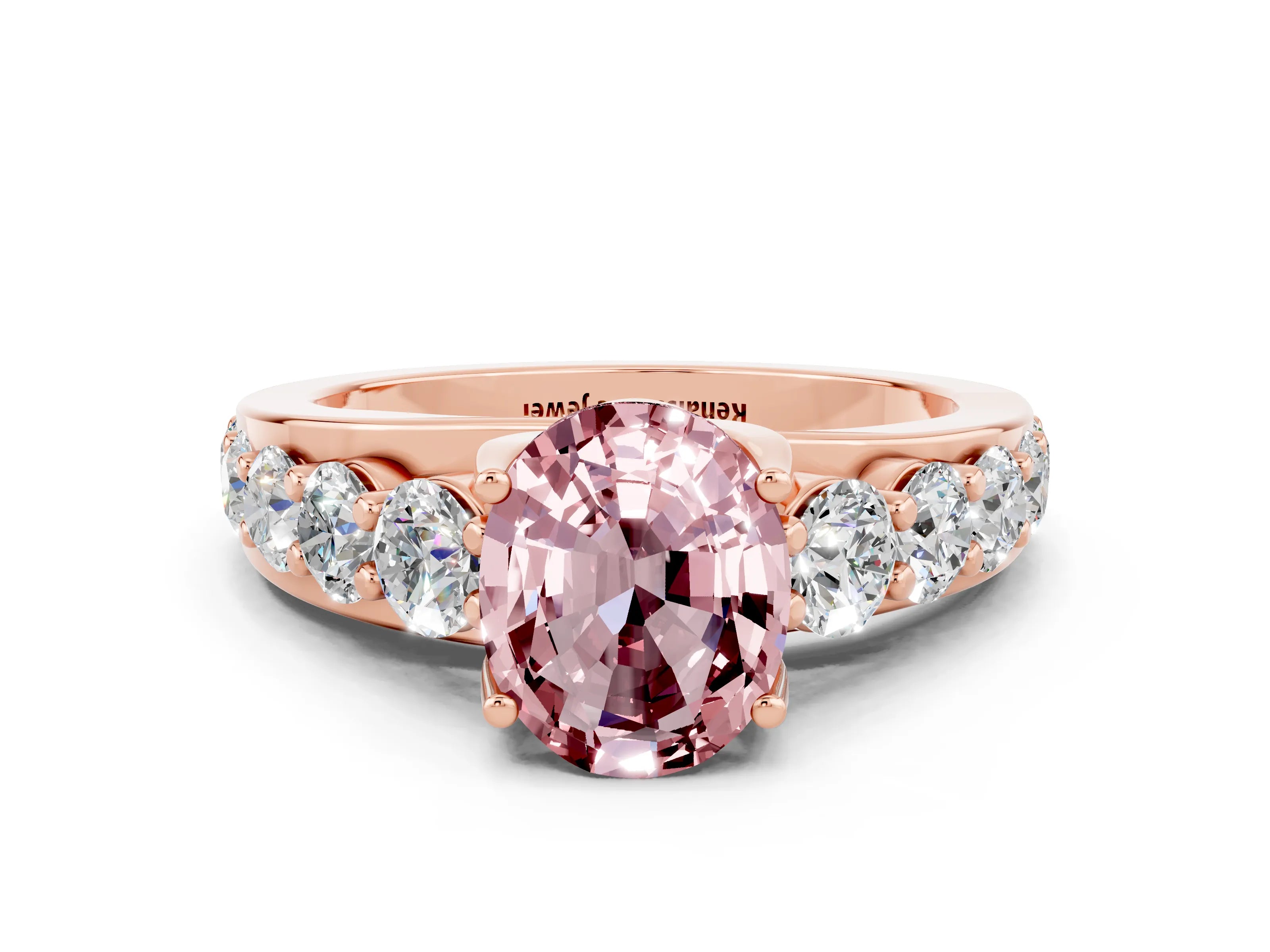 Rose gold Oval Cut Morganite Engagement Ring with Pavé Band and Four-Prong Setting