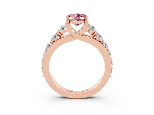 Rose gold Oval Cut Morganite Engagement Ring with Pavé Band and Four-Prong Setting