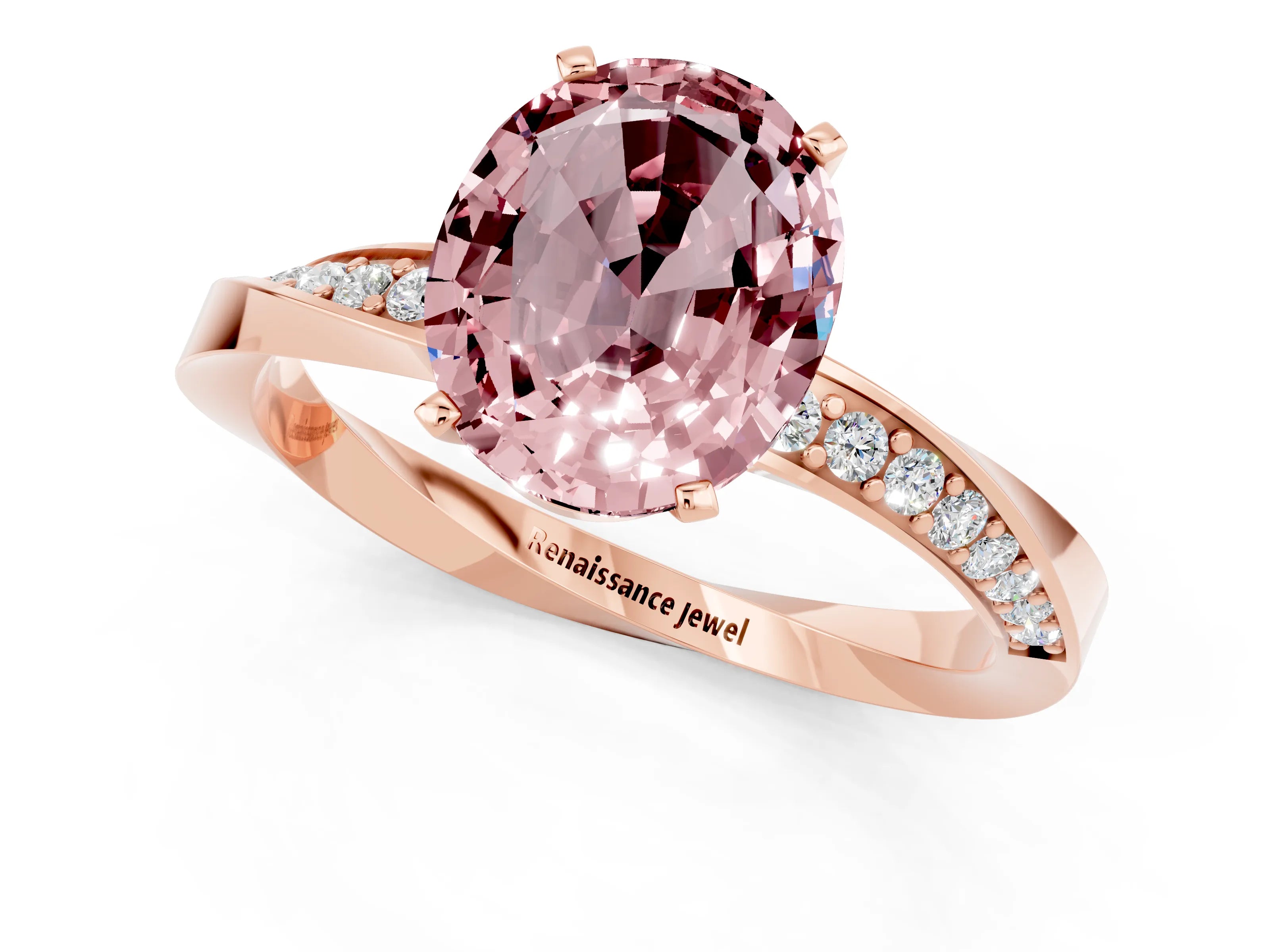 Rose gold Oval Cut Morganite Engagement Ring with Side Stone Accents and Four-Prong Setting_28