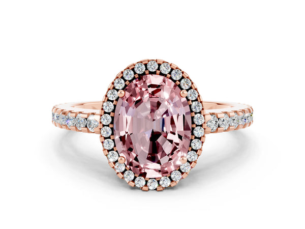 Rose gold Oval Cut Morganite Halo Engagement Ring with Pavé Band and Prong Setting