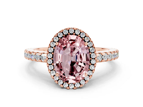 Rose gold Oval Cut Morganite Halo Engagement Ring with Pavé Band and Prong Setting_12