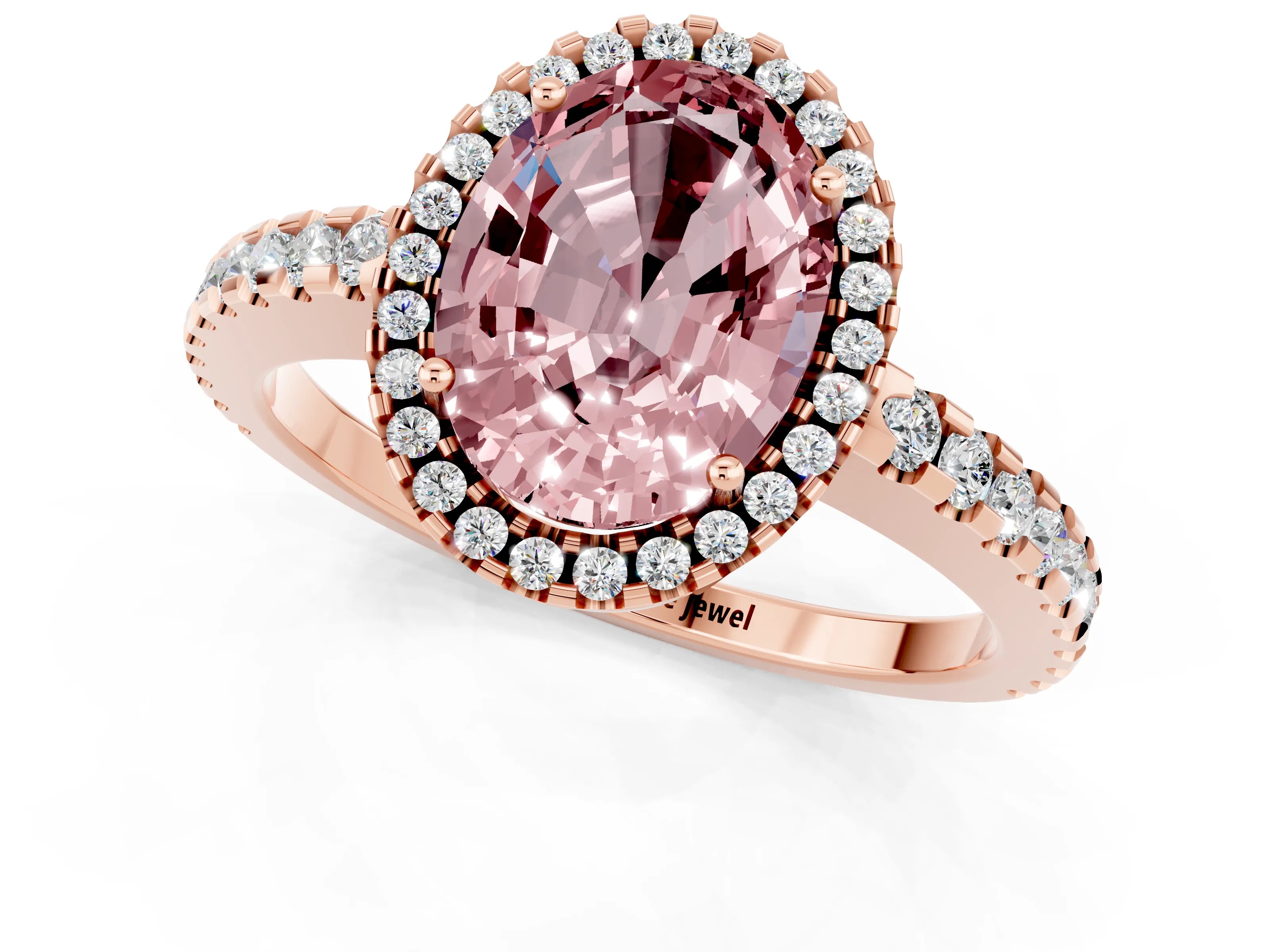 Rose gold Oval Cut Morganite Halo Engagement Ring with Pavé Band and Prong Setting_13