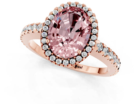 Rose gold Oval Cut Morganite Halo Engagement Ring with Pavé Band and Prong Setting_13
