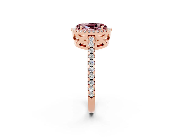 Rose gold Oval Cut Morganite Halo Engagement Ring with Pavé Band and Prong Setting