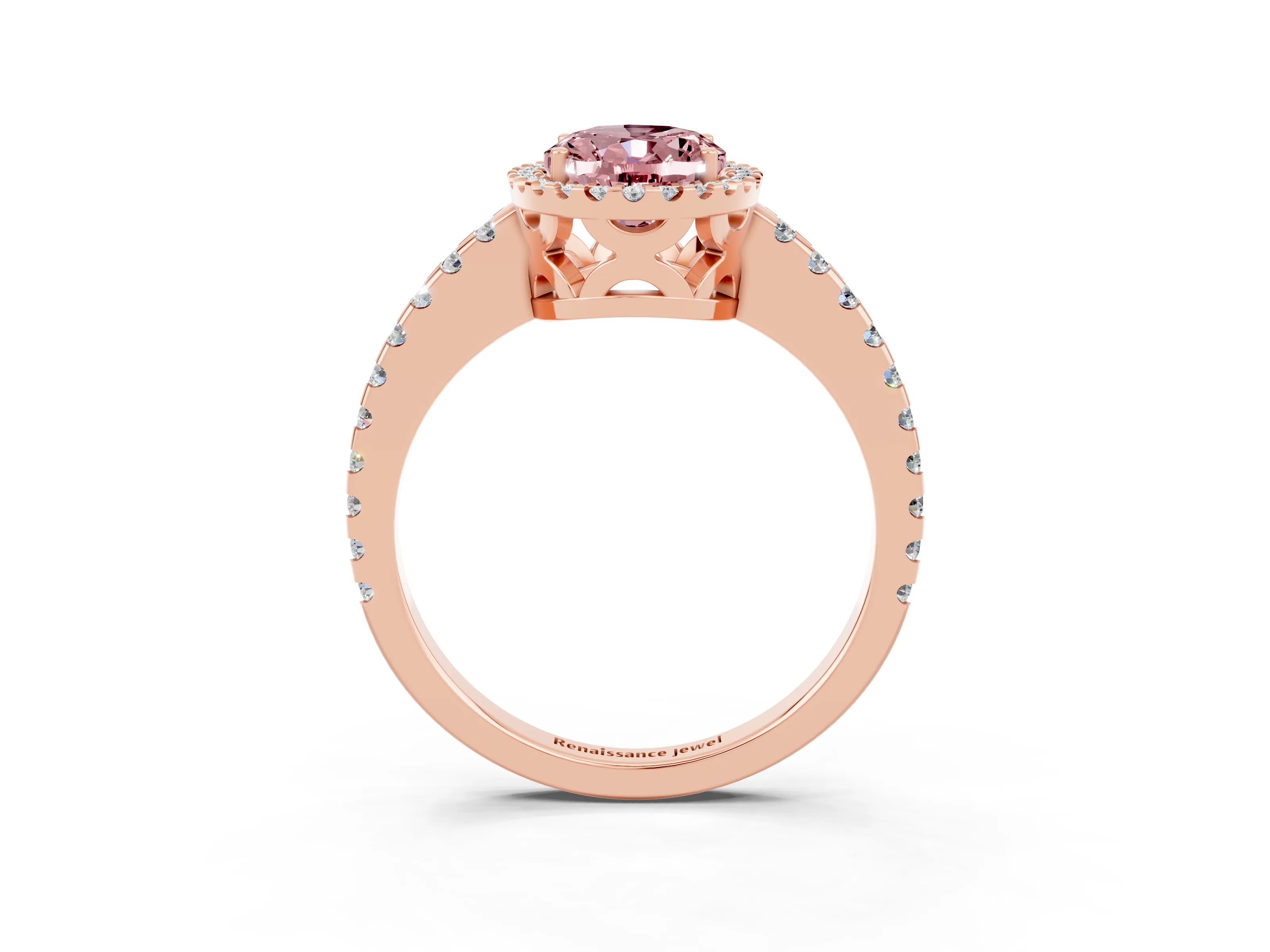 Rose gold Oval Cut Morganite Halo Engagement Ring with Pavé Band and Prong Setting_15