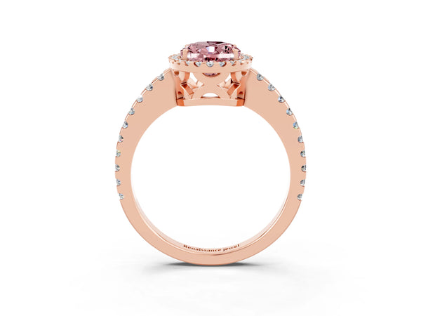 Rose gold Oval Cut Morganite Halo Engagement Ring with Pavé Band and Prong Setting