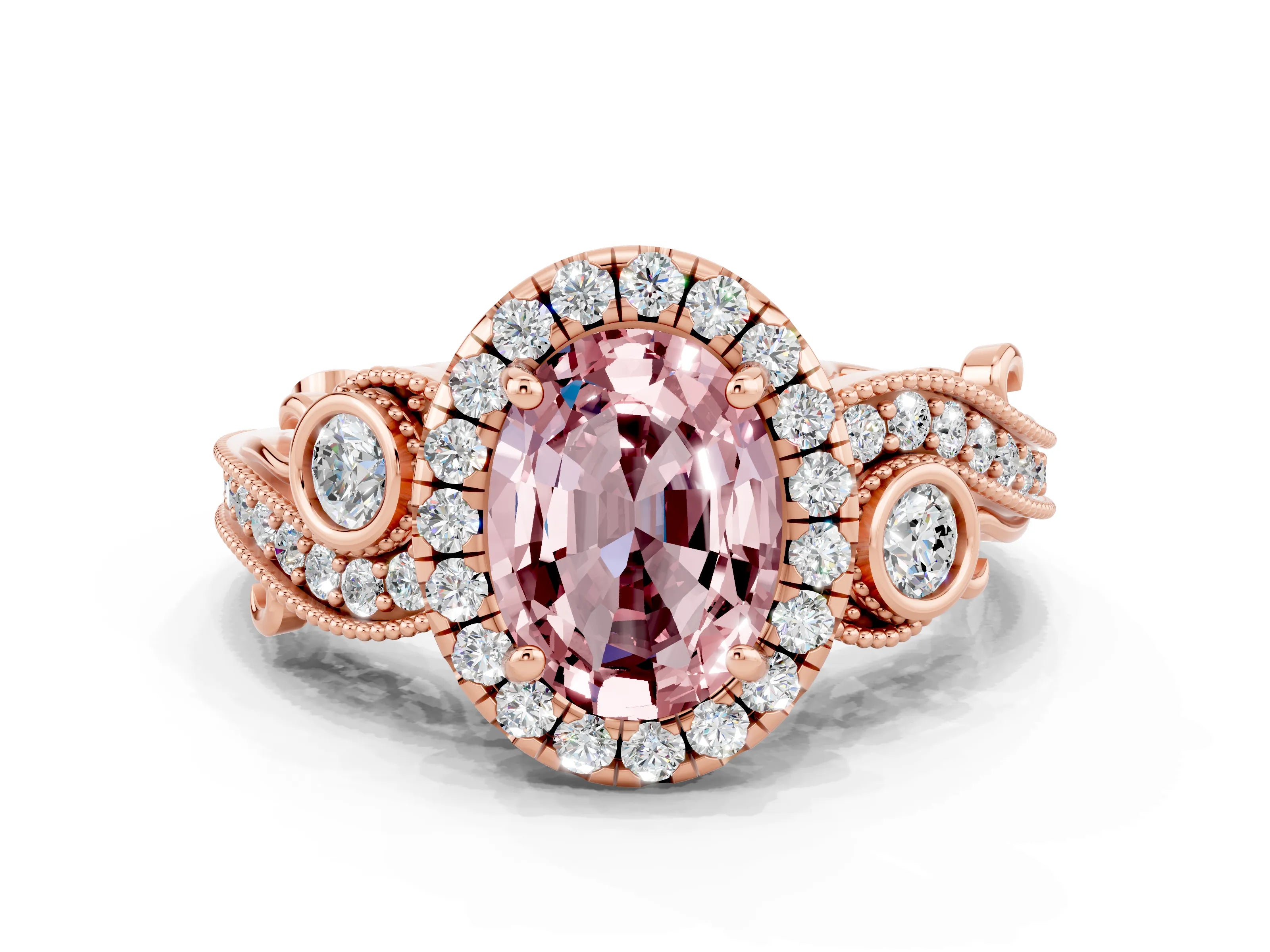 Rose gold Oval Cut Morganite Halo Ring with Milgrain Pavé Band and Four-Prong Setting_12