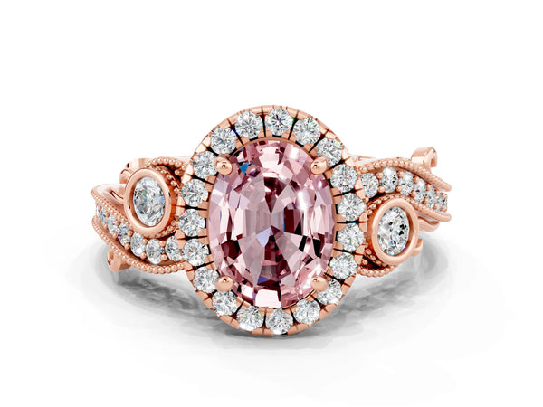 Rose gold Oval Cut Morganite Halo Ring with Milgrain Pavé Band and Four-Prong Setting