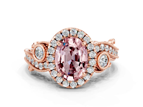 Rose gold Oval Cut Morganite Halo Ring with Milgrain Pavé Band and Four-Prong Setting_12