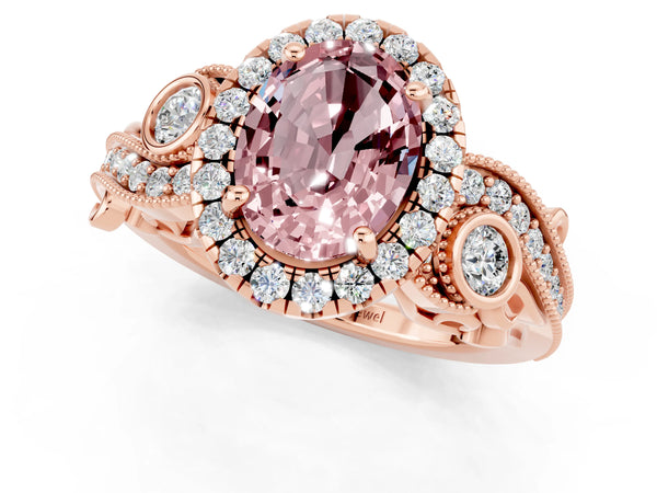 Rose gold Oval Cut Morganite Halo Ring with Milgrain Pavé Band and Four-Prong Setting