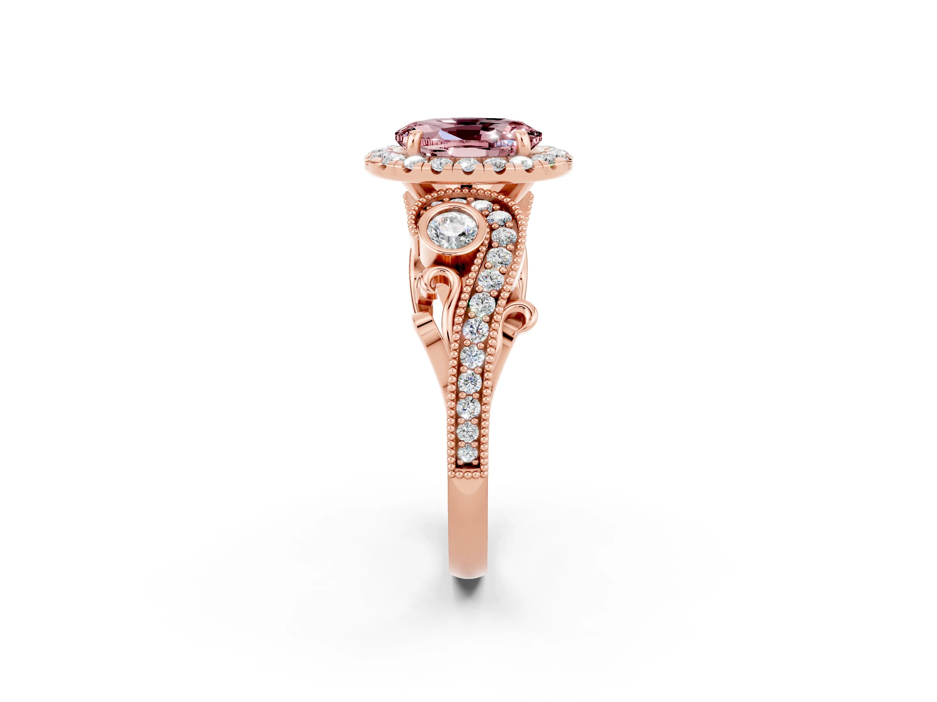 Rose gold Oval Cut Morganite Halo Ring with Milgrain Pavé Band and Four-Prong Setting_14