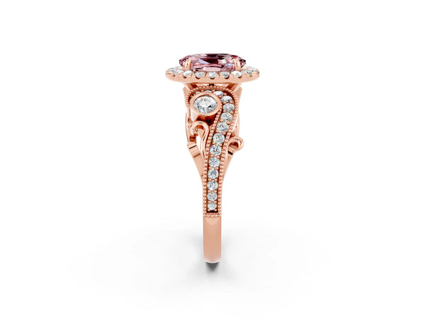 Rose gold Oval Cut Morganite Halo Ring with Milgrain Pavé Band and Four-Prong Setting