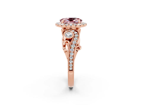 Rose gold Oval Cut Morganite Halo Ring with Milgrain Pavé Band and Four-Prong Setting_14