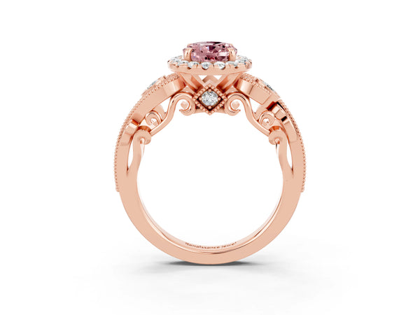 Rose gold Oval Cut Morganite Halo Ring with Milgrain Pavé Band and Four-Prong Setting