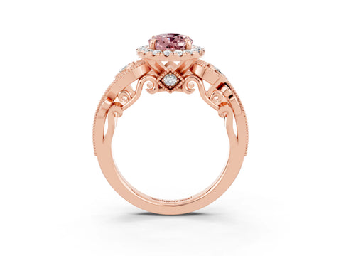 Rose gold Oval Cut Morganite Halo Ring with Milgrain Pavé Band and Four-Prong Setting_15