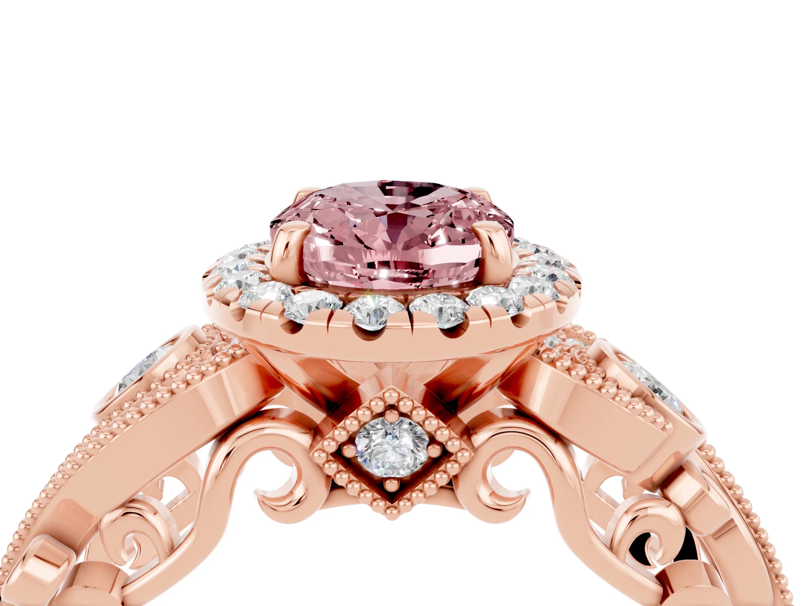 Rose gold Oval Cut Morganite Halo Ring with Milgrain Pavé Band and Four-Prong Setting_16