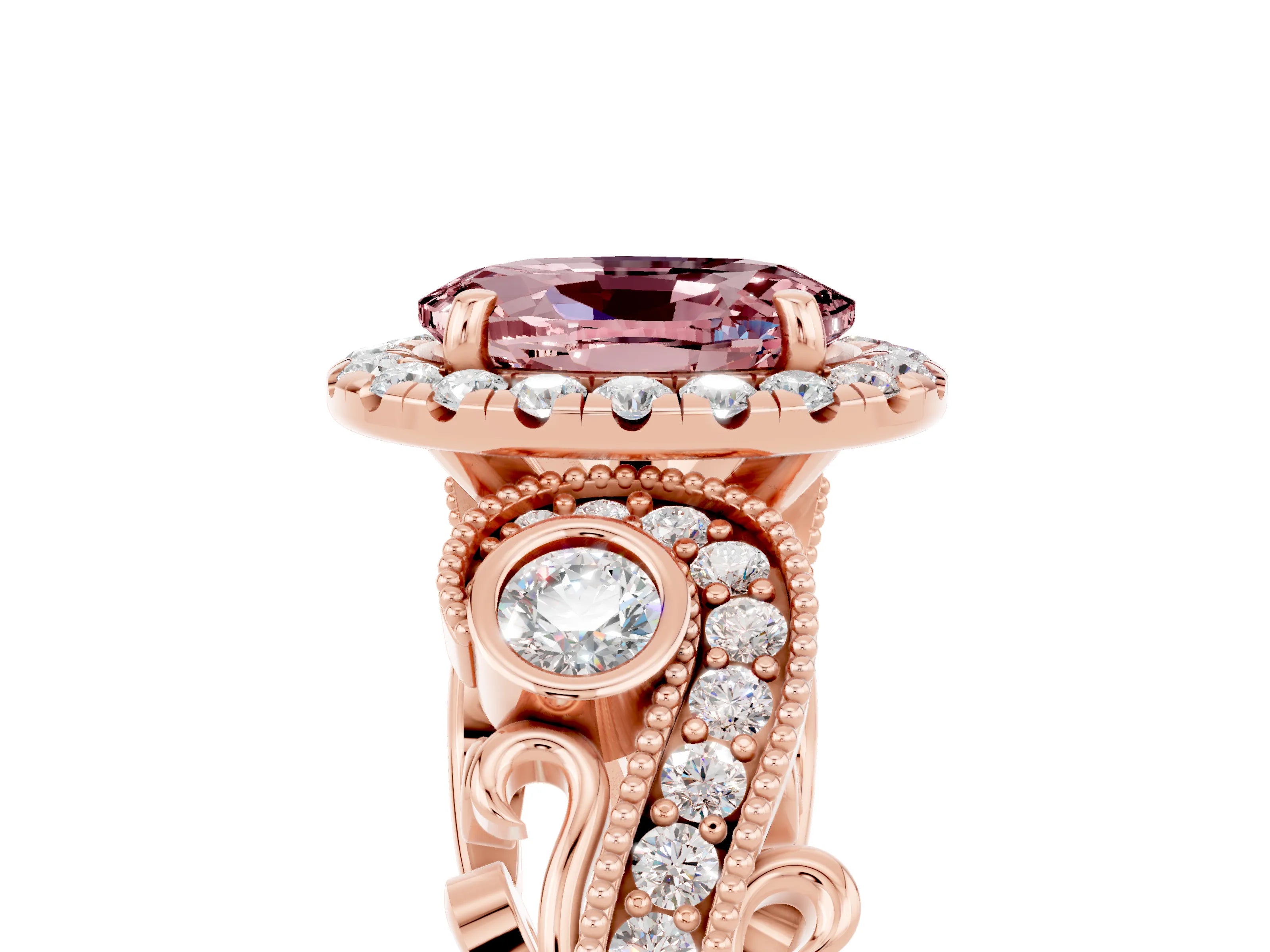 Rose gold Oval Cut Morganite Halo Ring with Milgrain Pavé Band and Four-Prong Setting_17