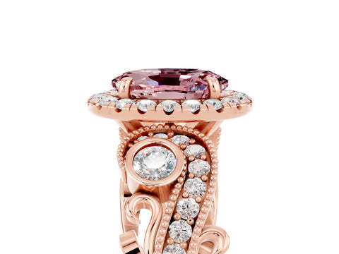 Rose gold Oval Cut Morganite Halo Ring with Milgrain Pavé Band and Four-Prong Setting_17