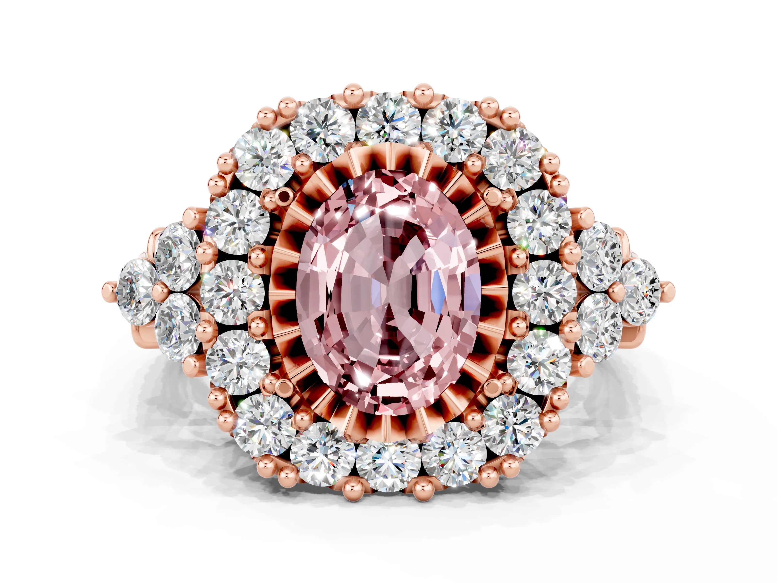 Rose gold Oval Cut Morganite Halo Ring with Pavé Band and Four-Prong Setting_12
