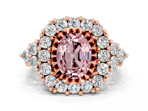 Rose gold Oval Cut Morganite Halo Ring with Pavé Band and Four-Prong Setting_12