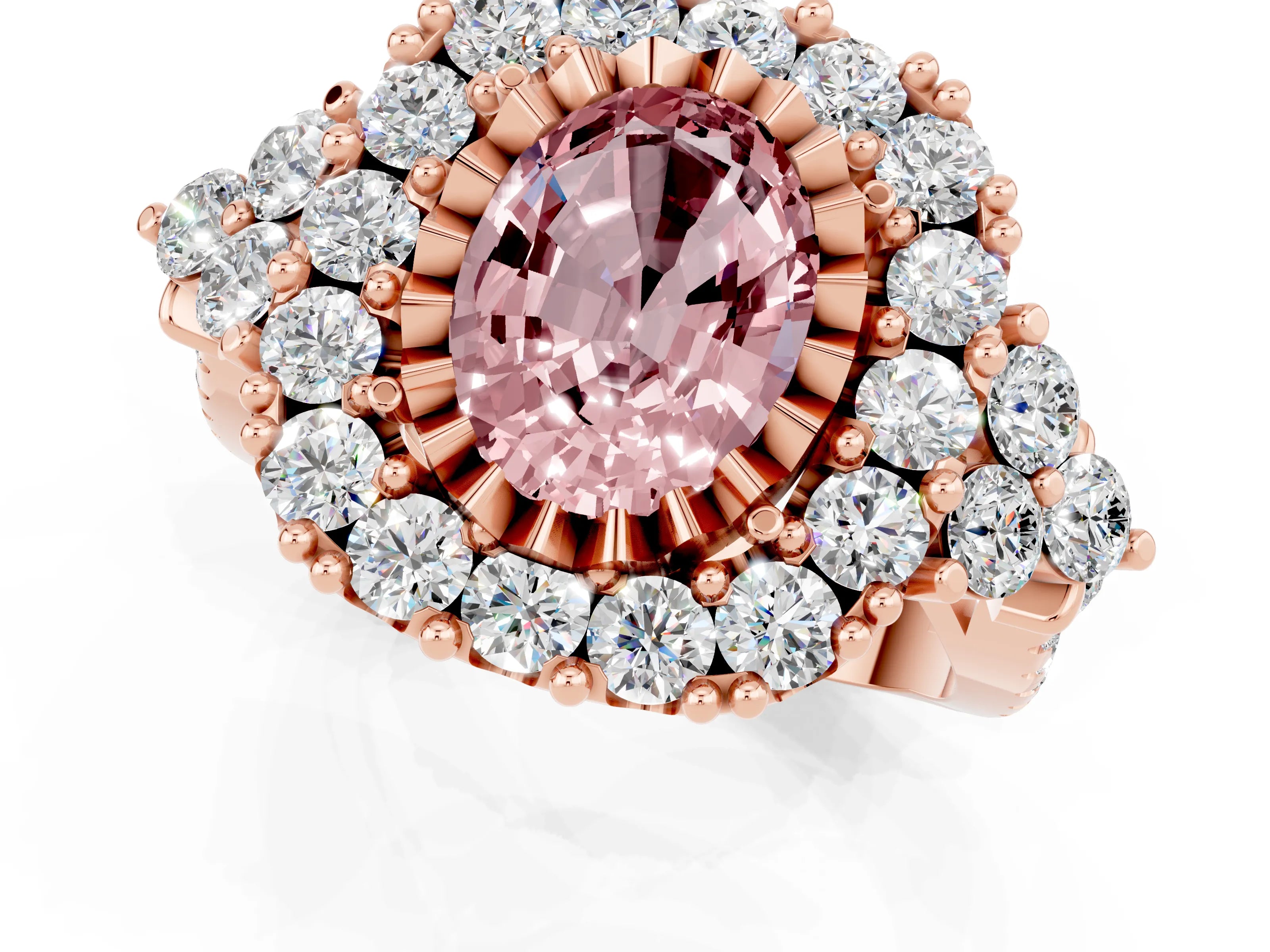 Rose gold Oval Cut Morganite Halo Ring with Pavé Band and Four-Prong Setting_13