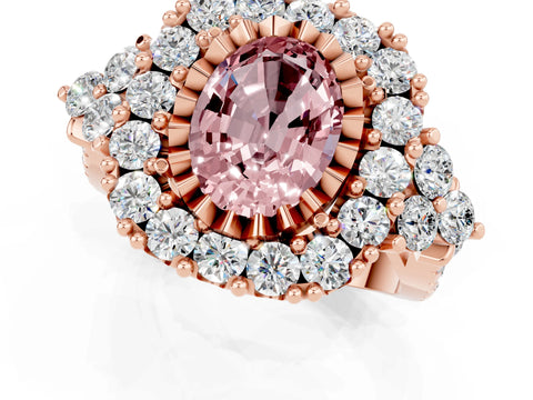 Rose gold Oval Cut Morganite Halo Ring with Pavé Band and Four-Prong Setting_13